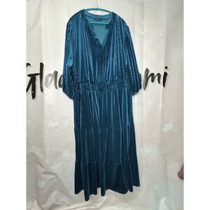 Bloomchic plus velvet maxi dress teal elastic waist boho tiered puff sleeve sz30